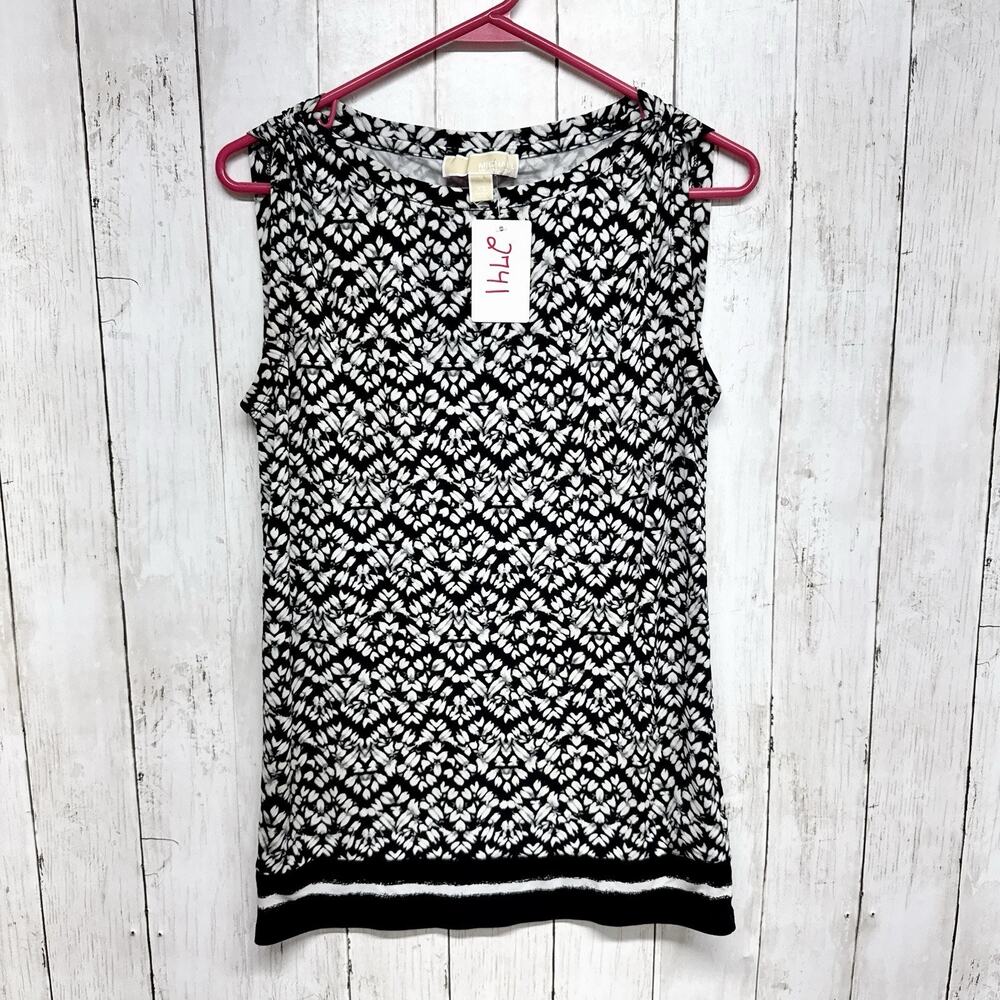 Michael Kors Top Women Sz XS Black White Geo Floral‎ Boat Neck Sleeveless Blouse